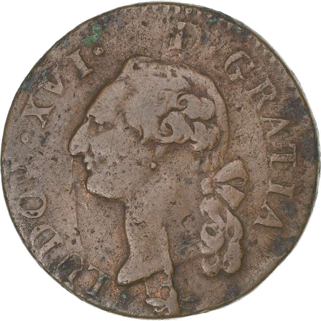 Frankrijk, Louis XVI, Sol, 1791, Lyon, Koper, FR, Gadoury:350, KM:602.2