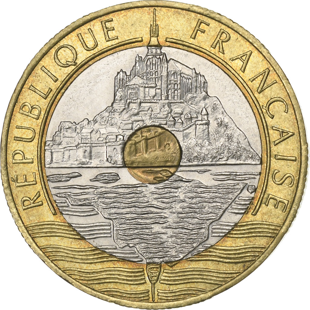 France, 20 Francs, Mont Saint Michel, 1992, Paris, Tri-Metallic, AU(55-58)