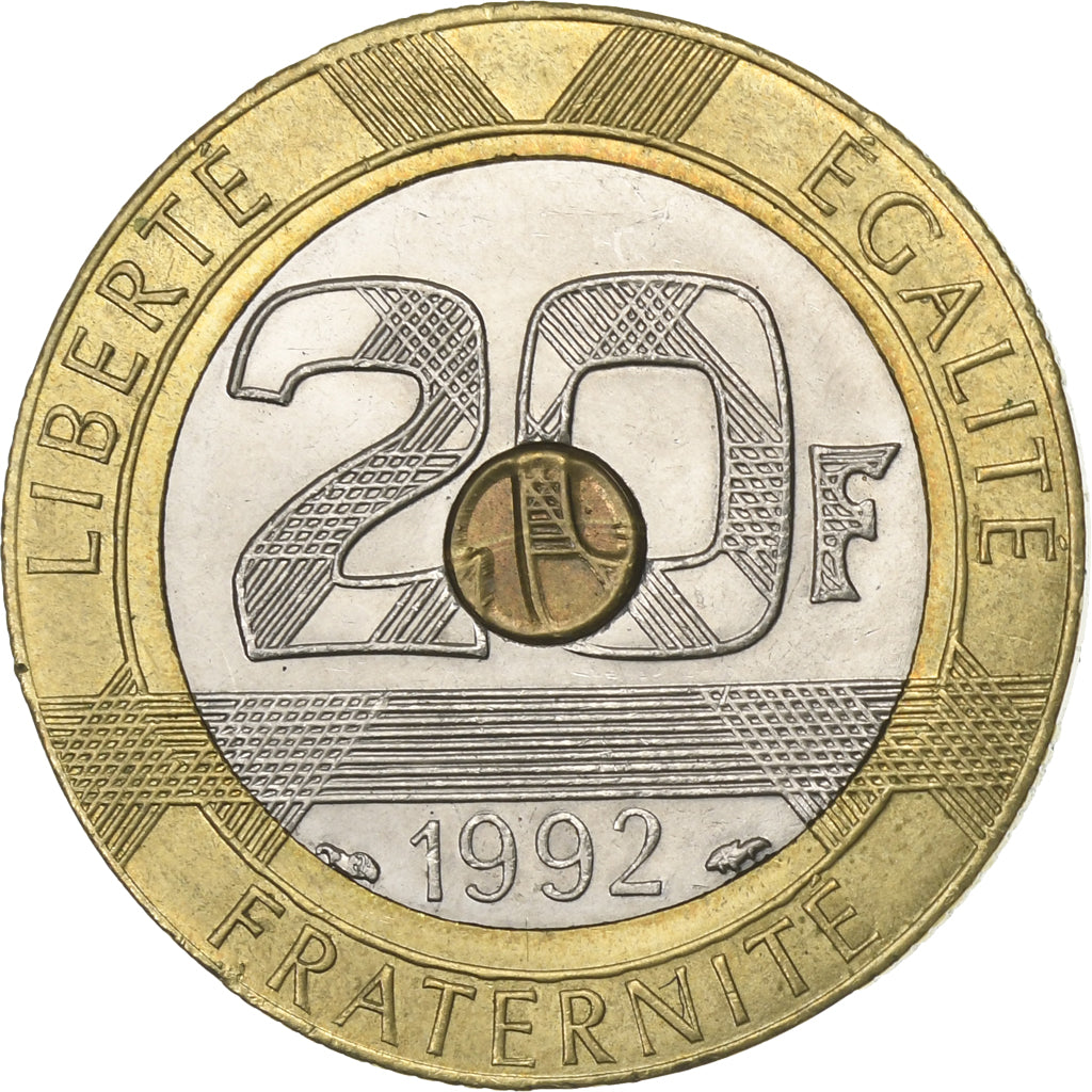 France, 20 Francs, Mont Saint Michel, 1992, Paris, Tri-Metallic, AU(55-58)