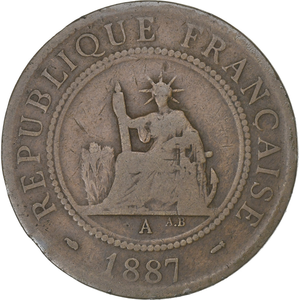 FRENCH INDO-CHINA, Cent, 1887, Paris, Bronze, VG(8-10), Lecompte:39, KM:1