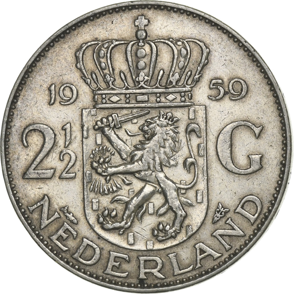 Holandia, Juliana, 2-1/2 Gulden, 1959, Srebro, AU(55-58), KM:185