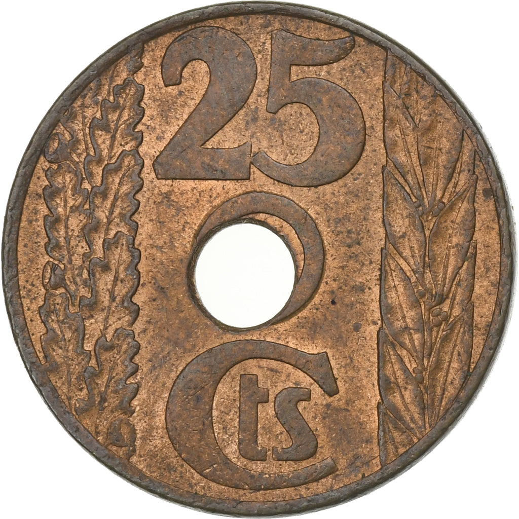Spain, 25 Centimos, 1938, Brussels, Copper, VF(30-35), KM:757