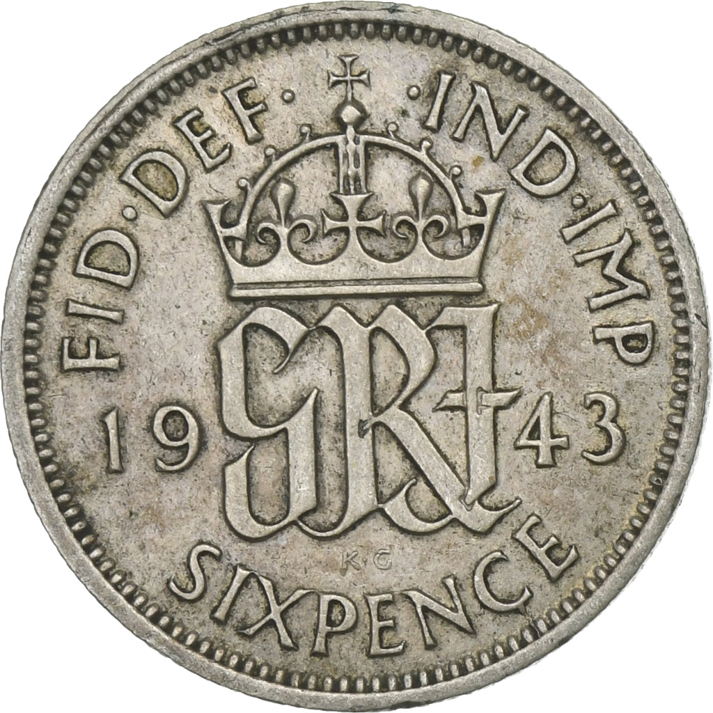 Reino Unido, George VI, 6 Pence, 1943, Prata, AU(50-53), KM:852