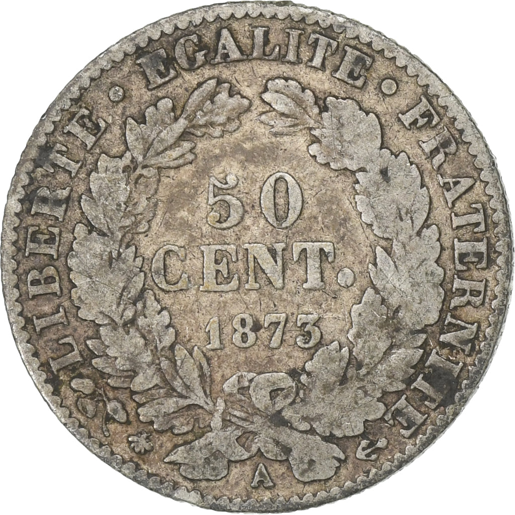 Moneta, Francja, Cérès, 50 Centimes, 1873, Paris, VF(20-25), Srebro, KM:834.1