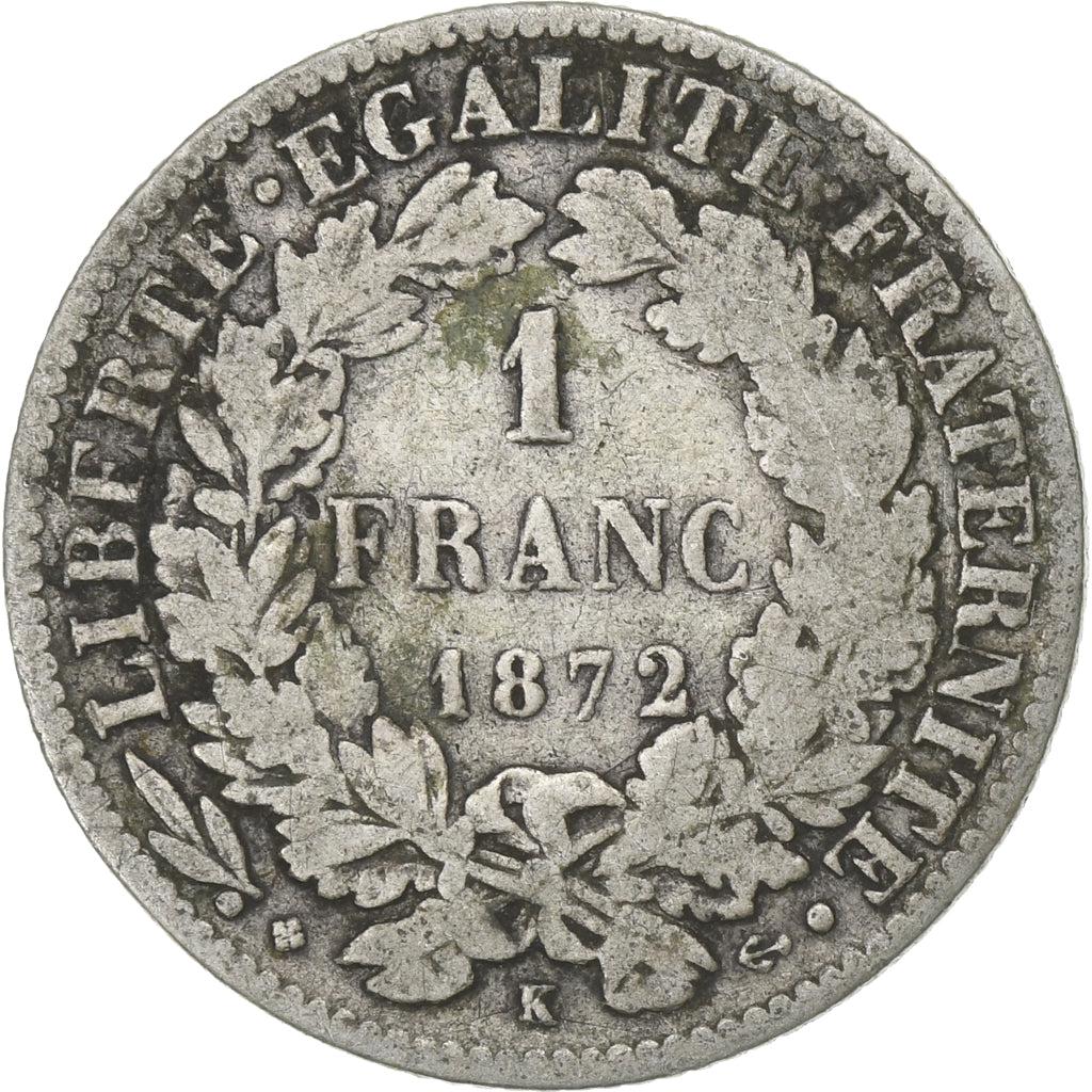 Francia, Franc, Cérès, 1872, Bordeaux, Plata, BC+, Gadoury:465a, KM:822.1