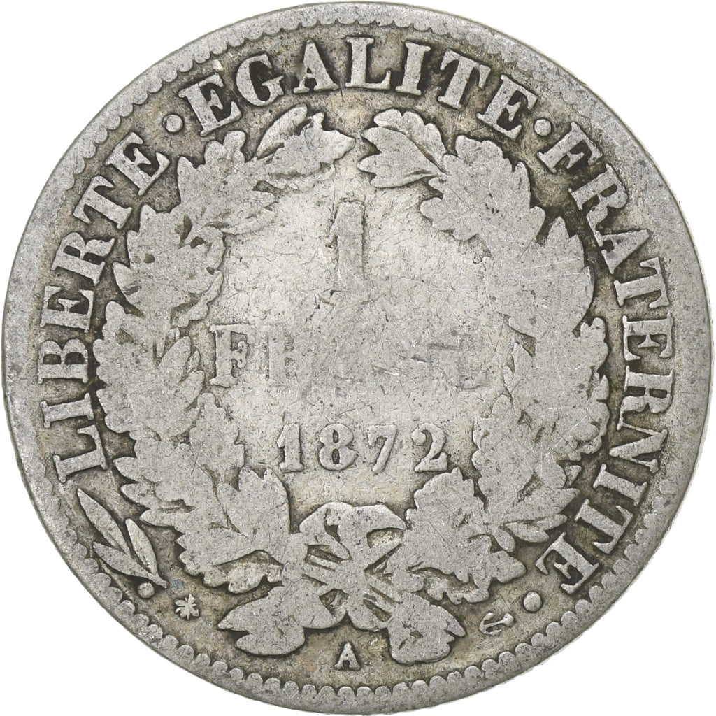 France, Franc, Cérès, 1872, Paris, Silver, VF(20-25), Gadoury:465a, KM:822.1