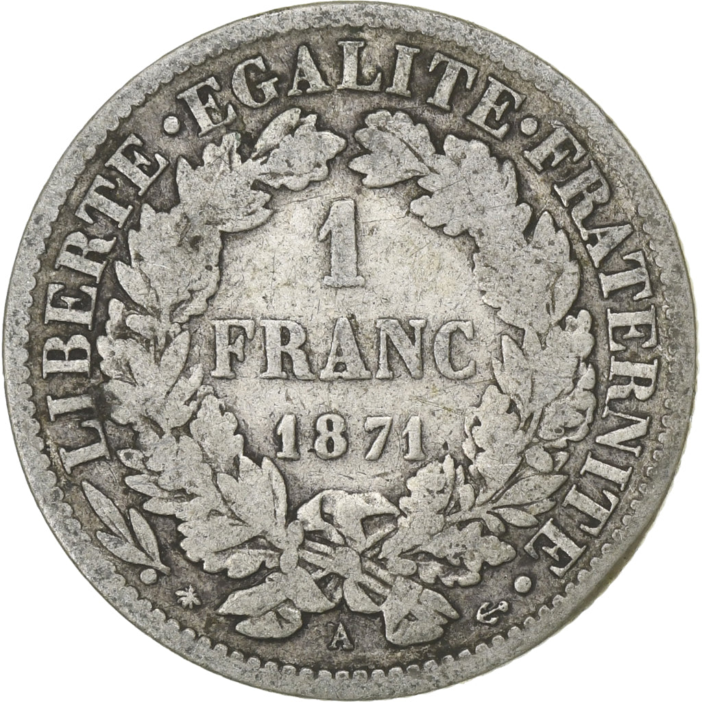 France, Franc, Cérès, 1871, Paris, Silver, VF(20-25), Gadoury:465a, KM:822.1