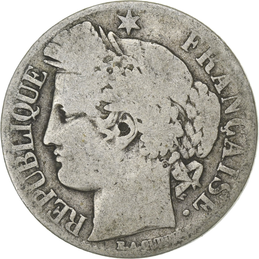 França, Franc, Cérès, 1871, Paris, Prata, VG(8-10), Gadoury:465a, KM:822.1