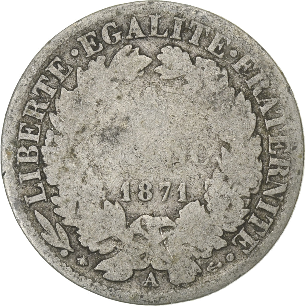 França, Franc, Cérès, 1871, Paris, Prata, VG(8-10), Gadoury:465a, KM:822.1