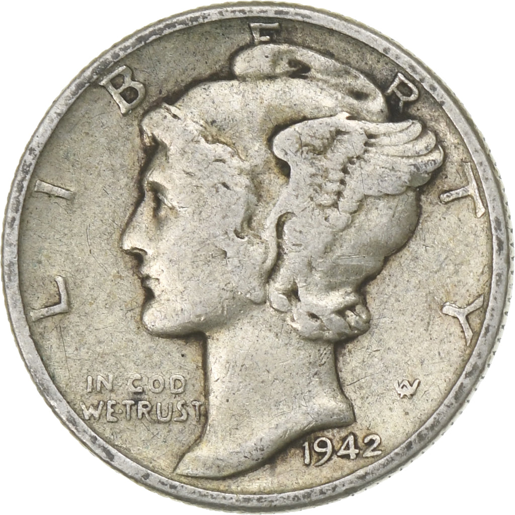 États-Unis, Dime, Mercury Dime, 1942, U.S. Mint, Argent, TB, KM:140