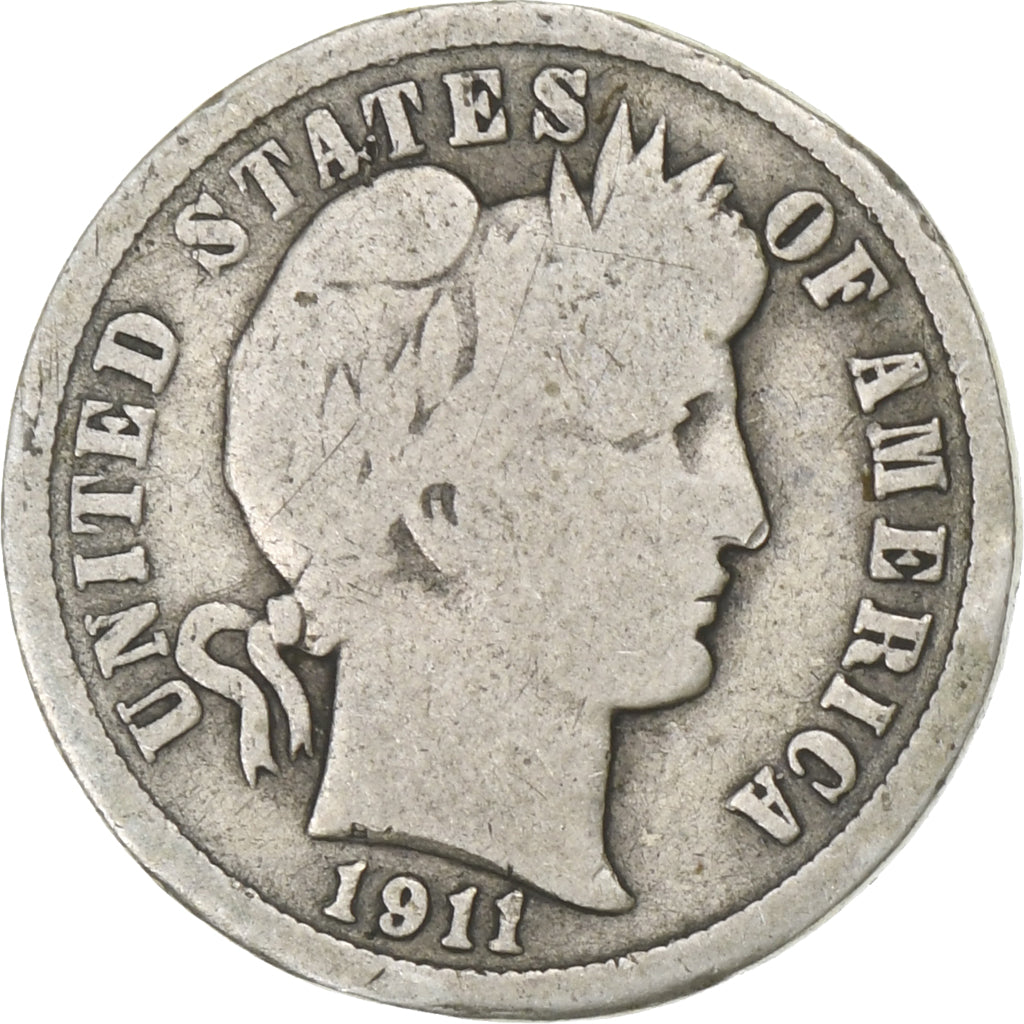 Stati Uniti, Dime, Barber Dime, 1911, U.S. Mint, Argento, MB+, KM:113