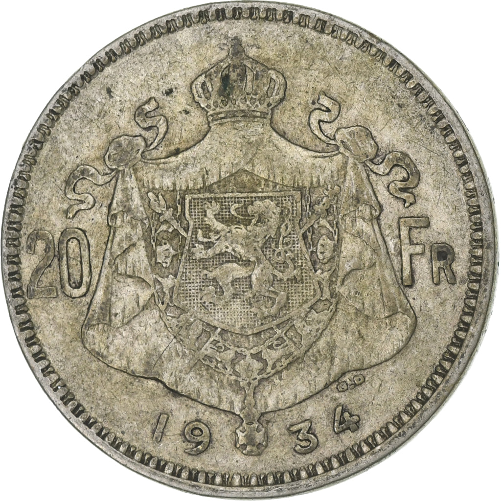 Belgium, 20 Francs, 20 Frank, 1934, Silver, VF(20-25), KM:104.1