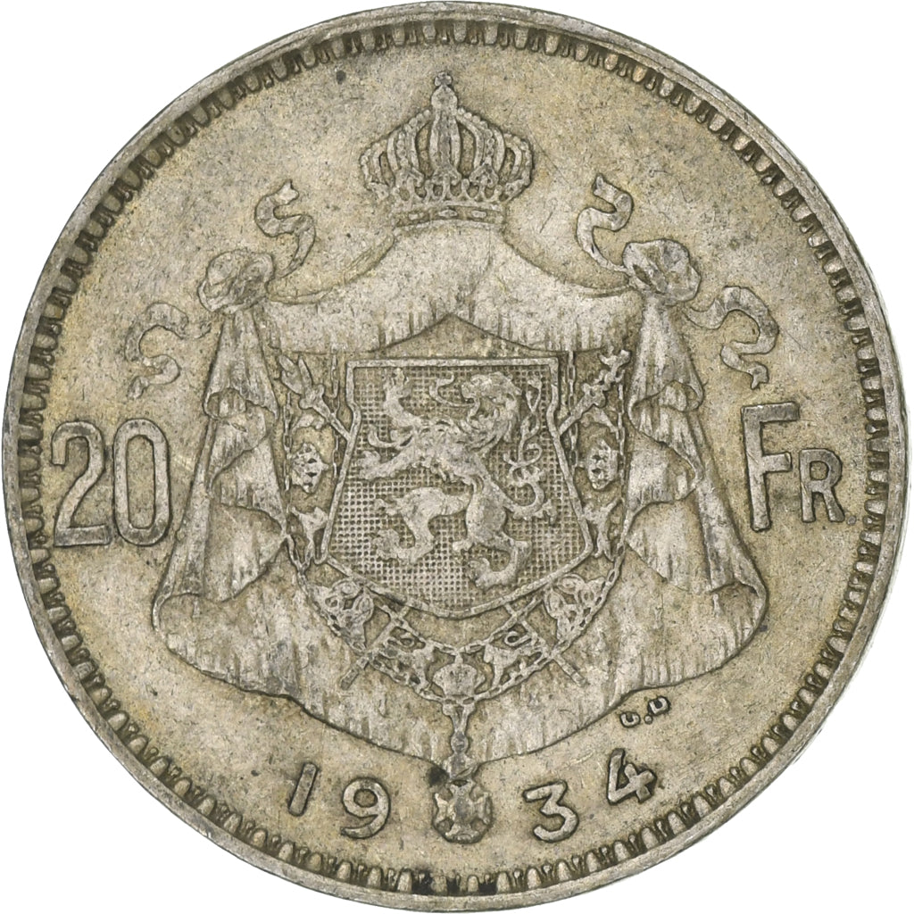 Belgio, 20 Francs, 20 Frank, 1934, Argento, MB, KM:104.1