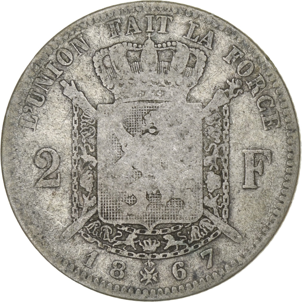 Belgio, Leopold II, 2 Francs, 1867, Brussels, Argento, B+, KM:30.1