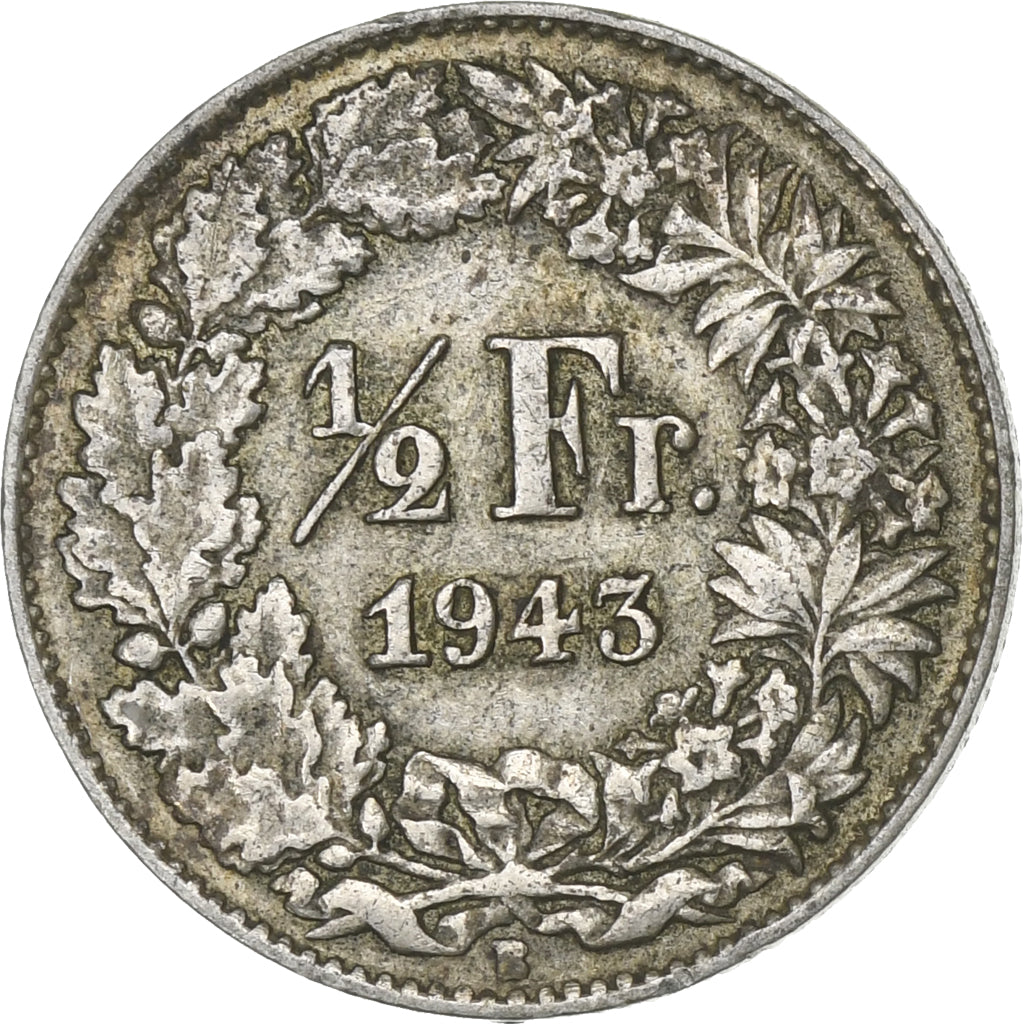 Moneda, Suiza, 1/2 Franc, 1943, Bern, BC+, Plata, KM:23
