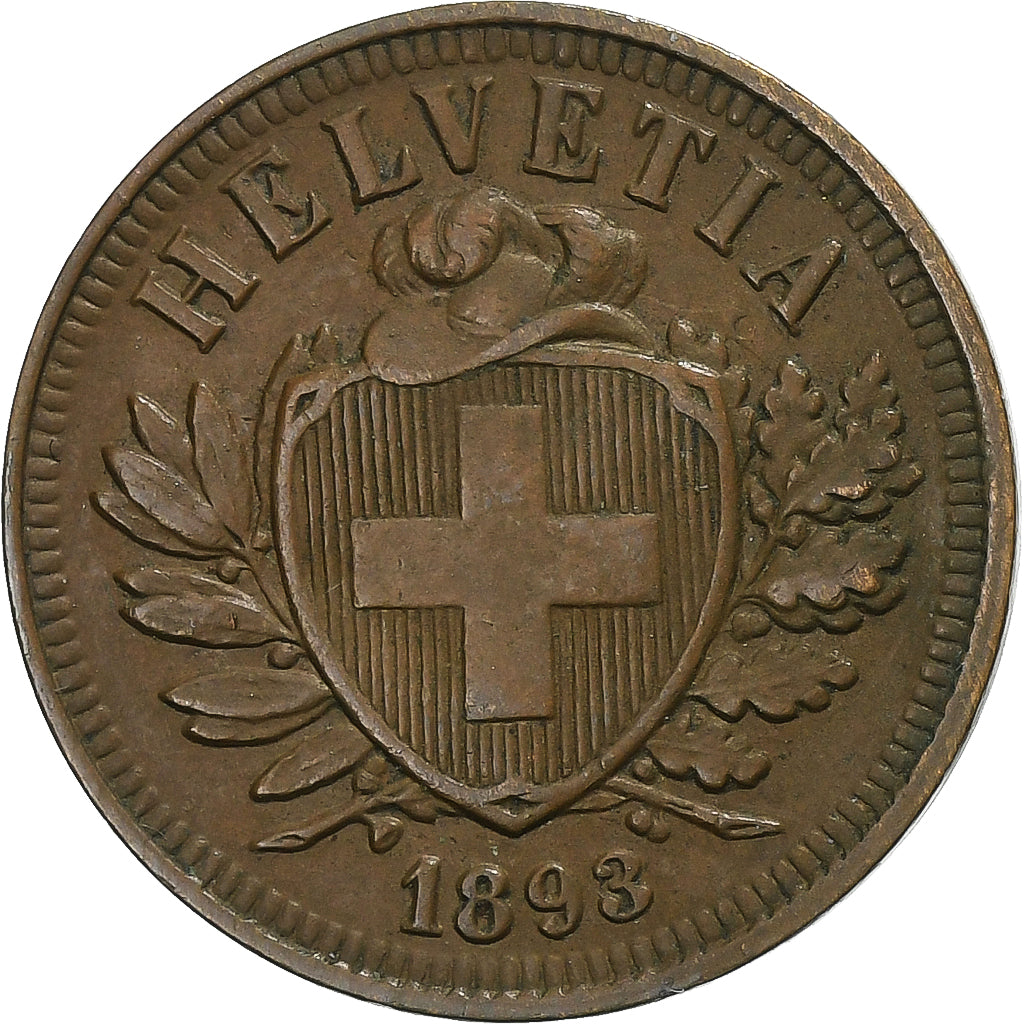 Suiza, 2 Rappen, 1893, Bern, Bronce, MBC, KM:4.1