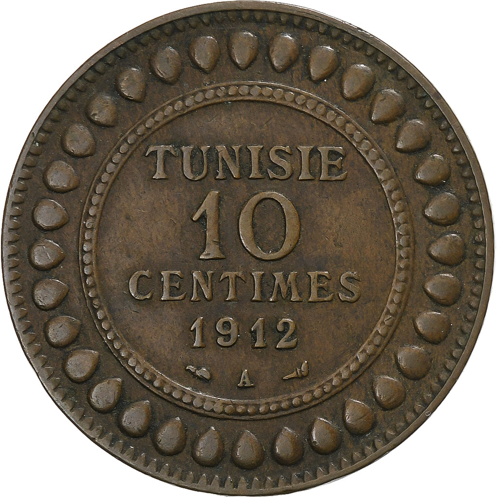 Moneta, Tunisia, Muhammad al-Nasir Bey, 10 Centimes, 1912, Paris, BB+, Bronzo