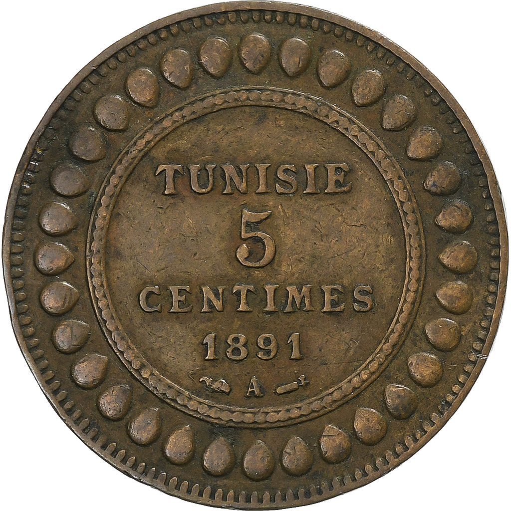 Moneta, Tunisia, Ali Bey, 5 Centimes, 1891, Paris, EF(40-45), Bronze, KM:221