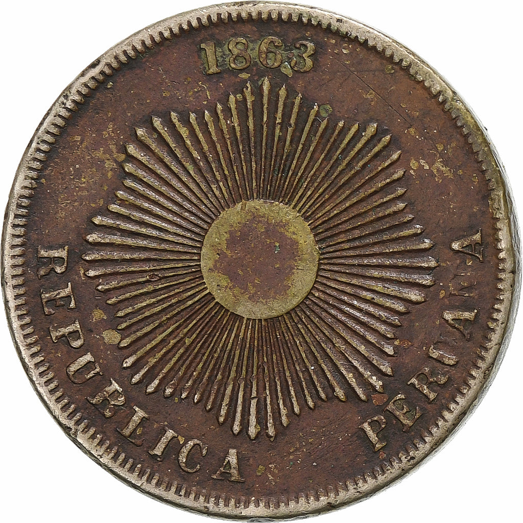 Peru, SOUTH PERU, 2 Centavos, 1863, Miedź lub Brąz, VF(30-35), KM:188.2
