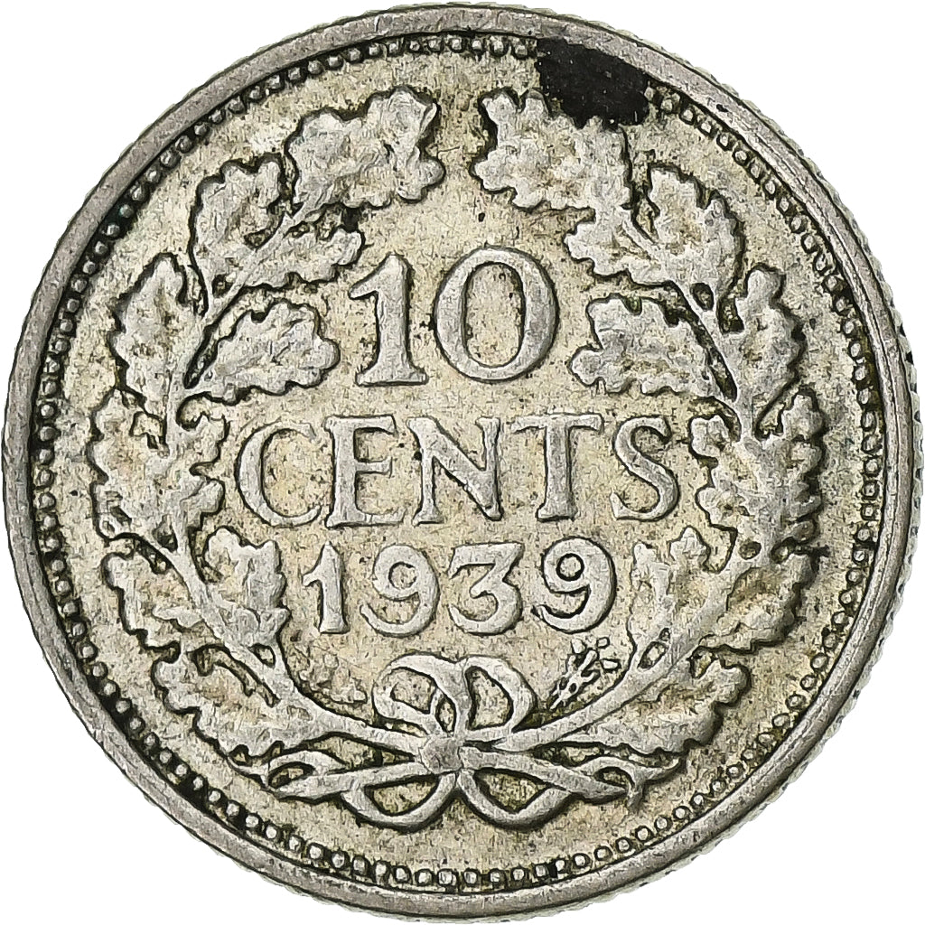 Paesi Bassi, Wilhelmina I, 10 Cents, 1939, Argento, MB, KM:163