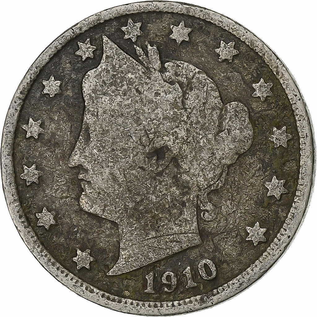 Estados Unidos, 5 Cents, Liberty Nickel, 1910, U.S. Mint, Cobre - níquel, BC