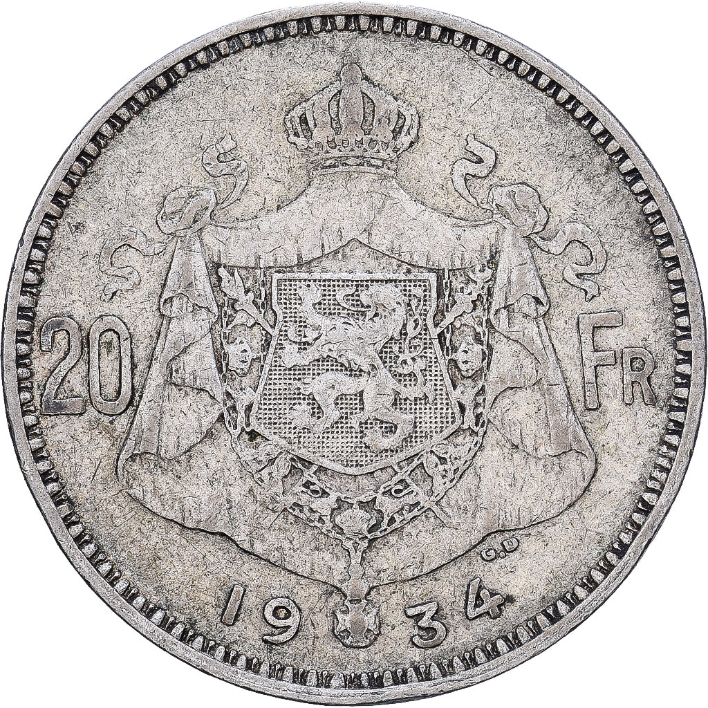Belgique, Albert I, 20 Francs, 1934, Bruxelles, Argent, TTB