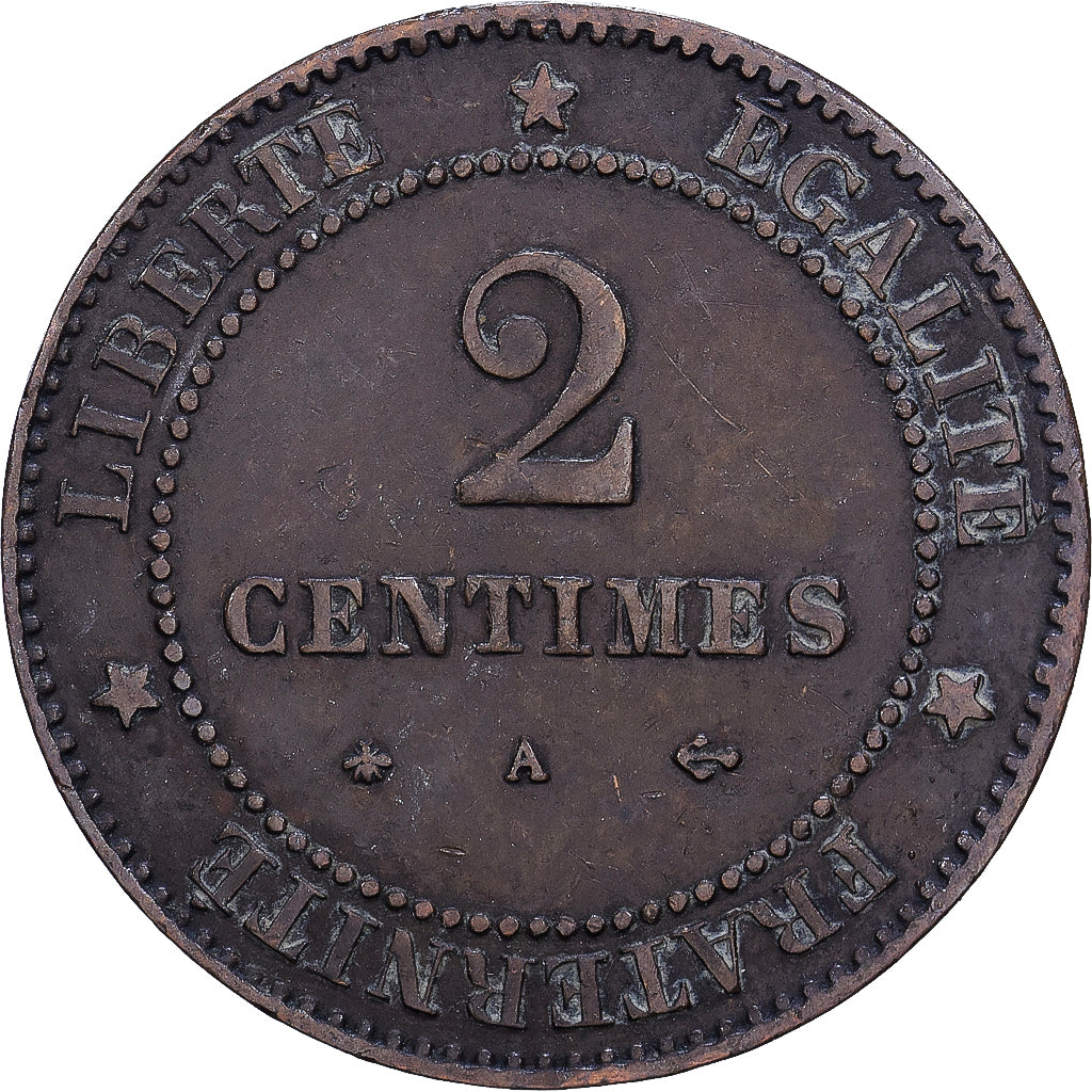 France, 2 Centimes, 1877, Paris, Bronze, VG10
