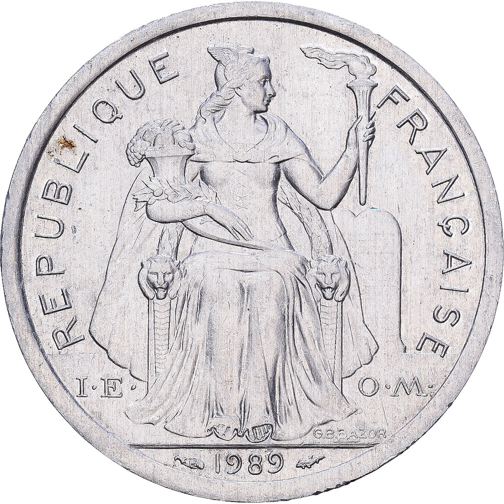 Polinesia francesa, 2 Francs, 1989, Paris, Aluminio, MBC
