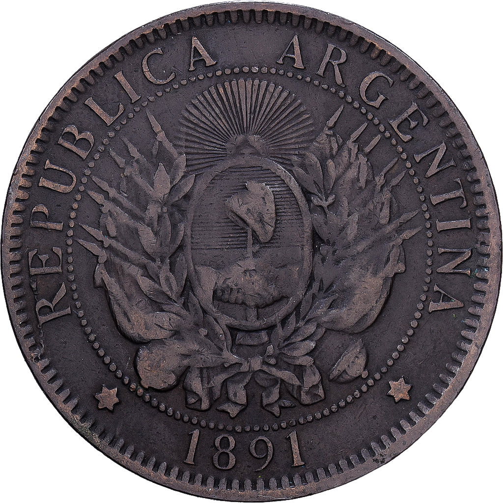 Argentina, 2 Centavos, 1891, Bronze, VF(30-35)