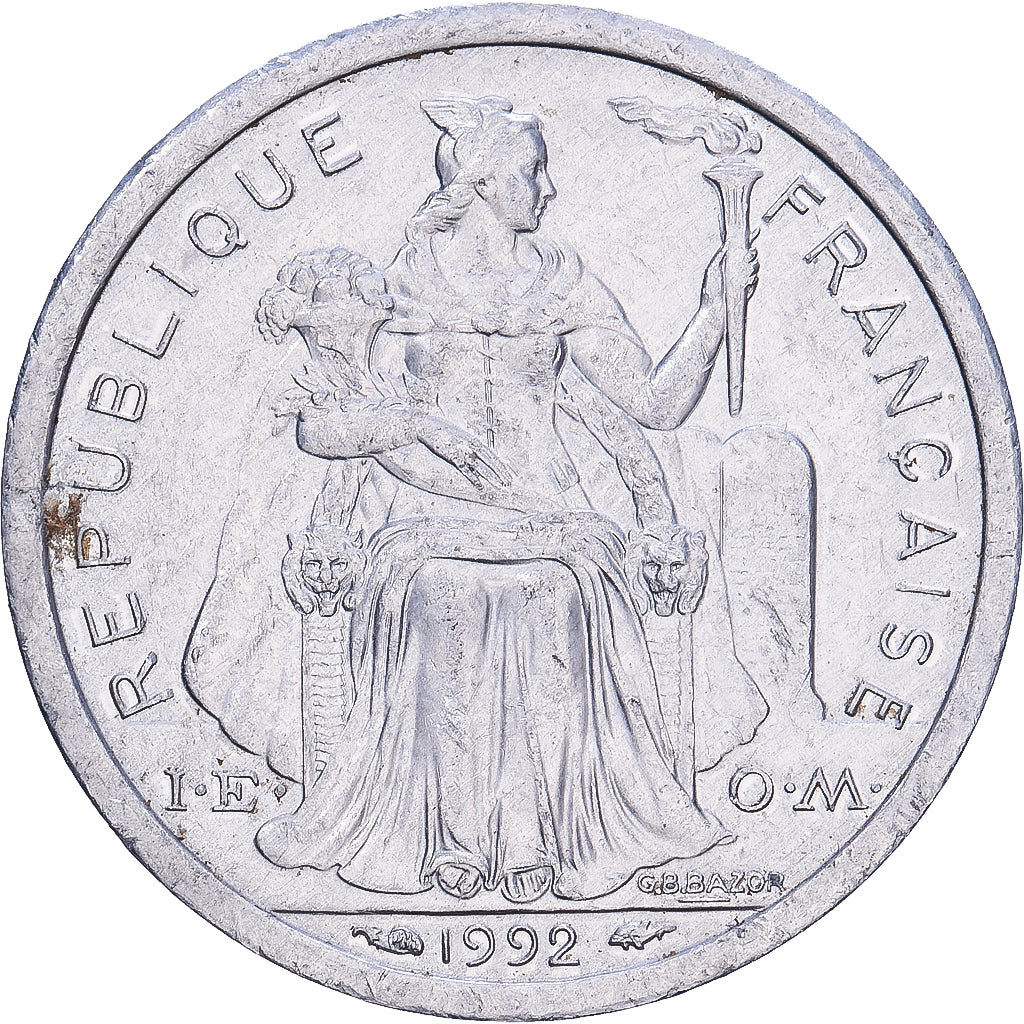 French Polynesia, 1 Franc, 1992, Paris, Aluminum, F(12-15)