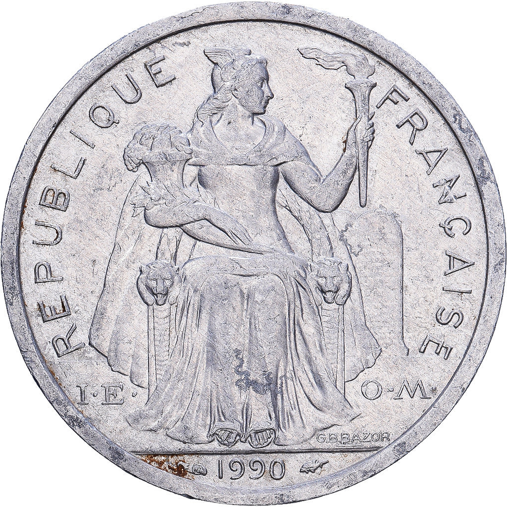 French Polynesia, 2 Francs, 1990, Paris, Aluminum, F(12-15)