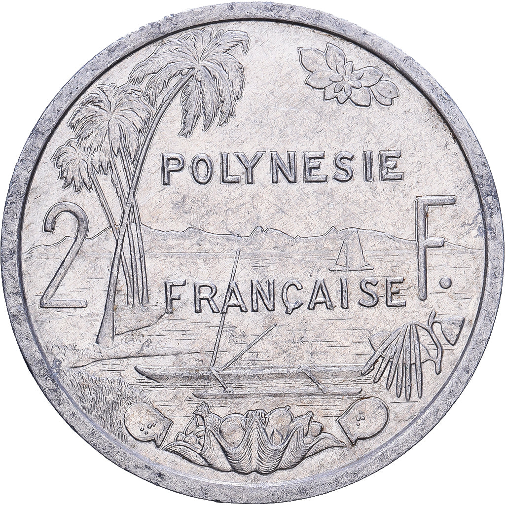French Polynesia, 2 Francs, 1990, Paris, Aluminum, F(12-15)