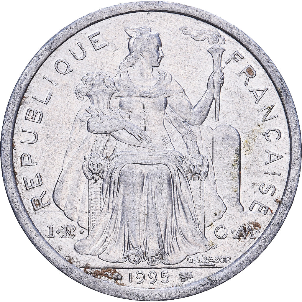 French Polynesia, 2 Francs, 1995, Paris, Aluminum, F(12-15)