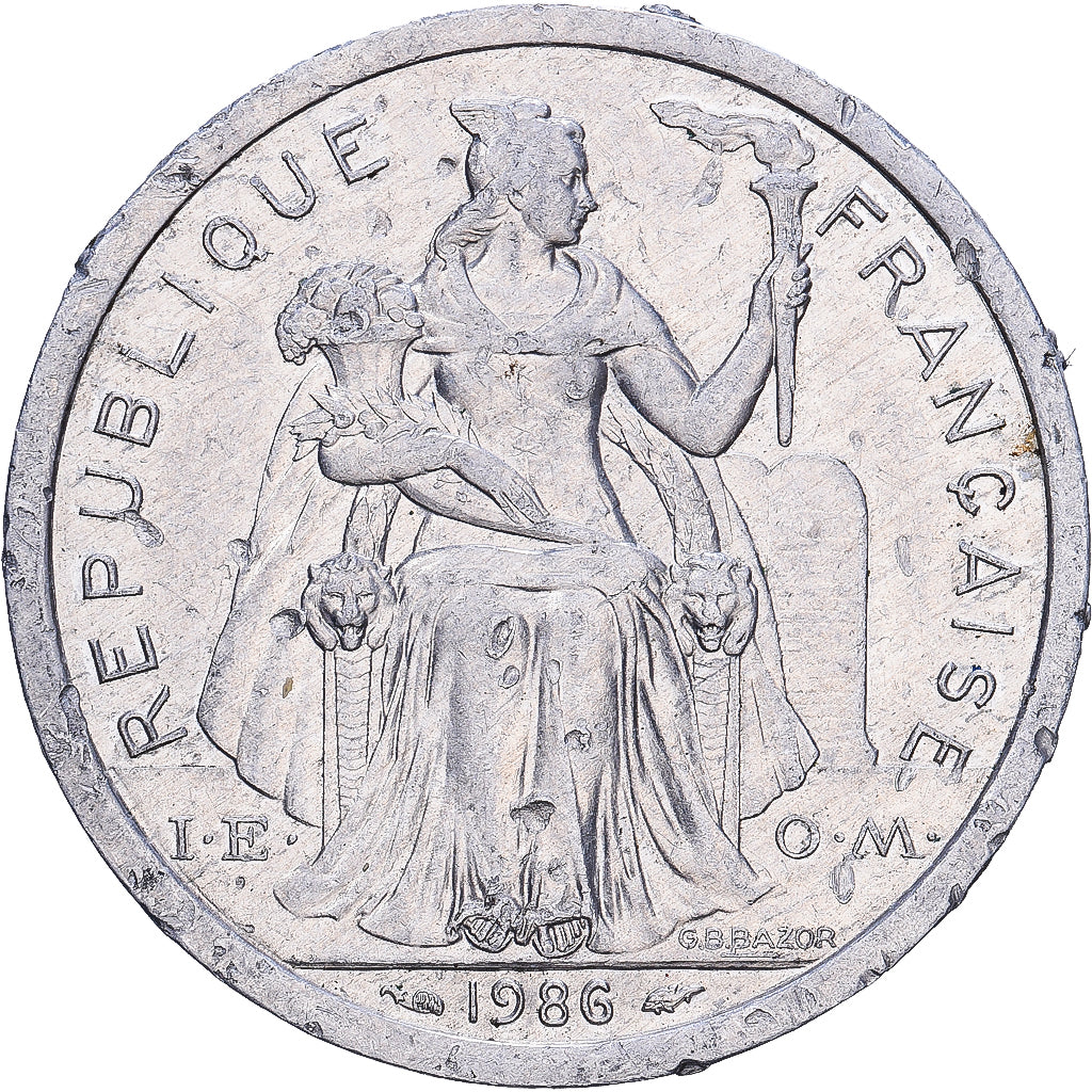 French Polynesia, 2 Francs, 1986, Paris, Aluminum, F(12-15)