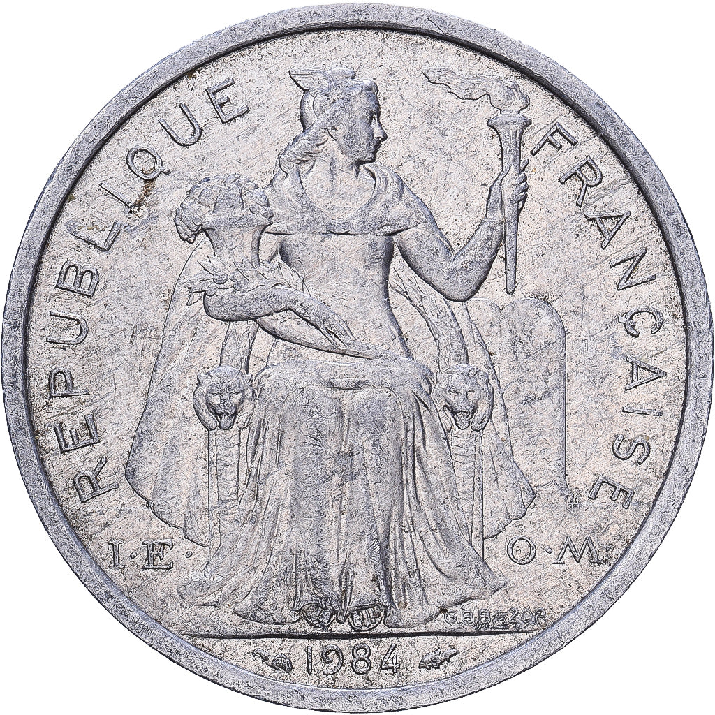 French Polynesia, 2 Francs, 1984, Paris, Aluminum, F(12-15)