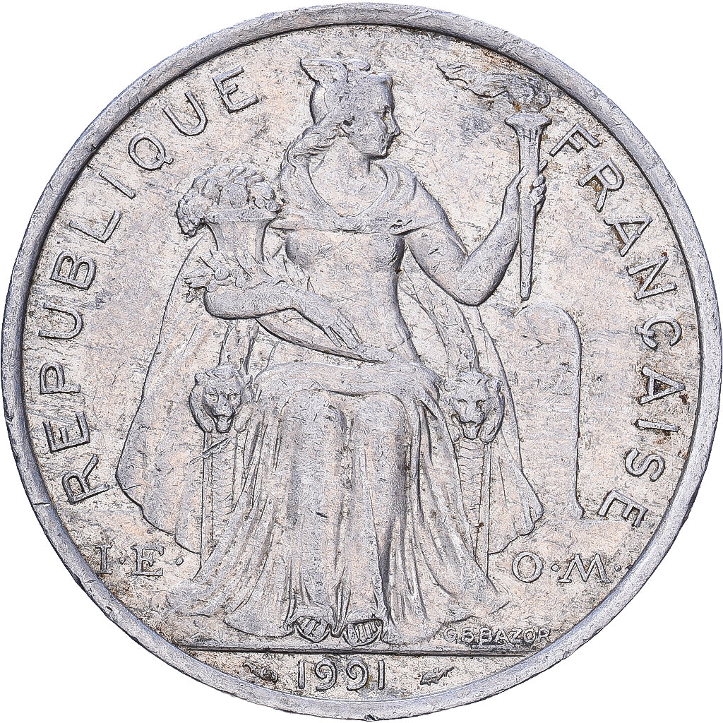 French Polynesia, 5 Francs, 1991, Paris, Aluminum, VF(30-35)