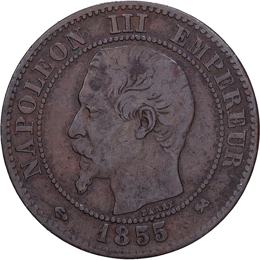 France, 2 Centimes, 1855, Rouen, Bronze, G(4-6)