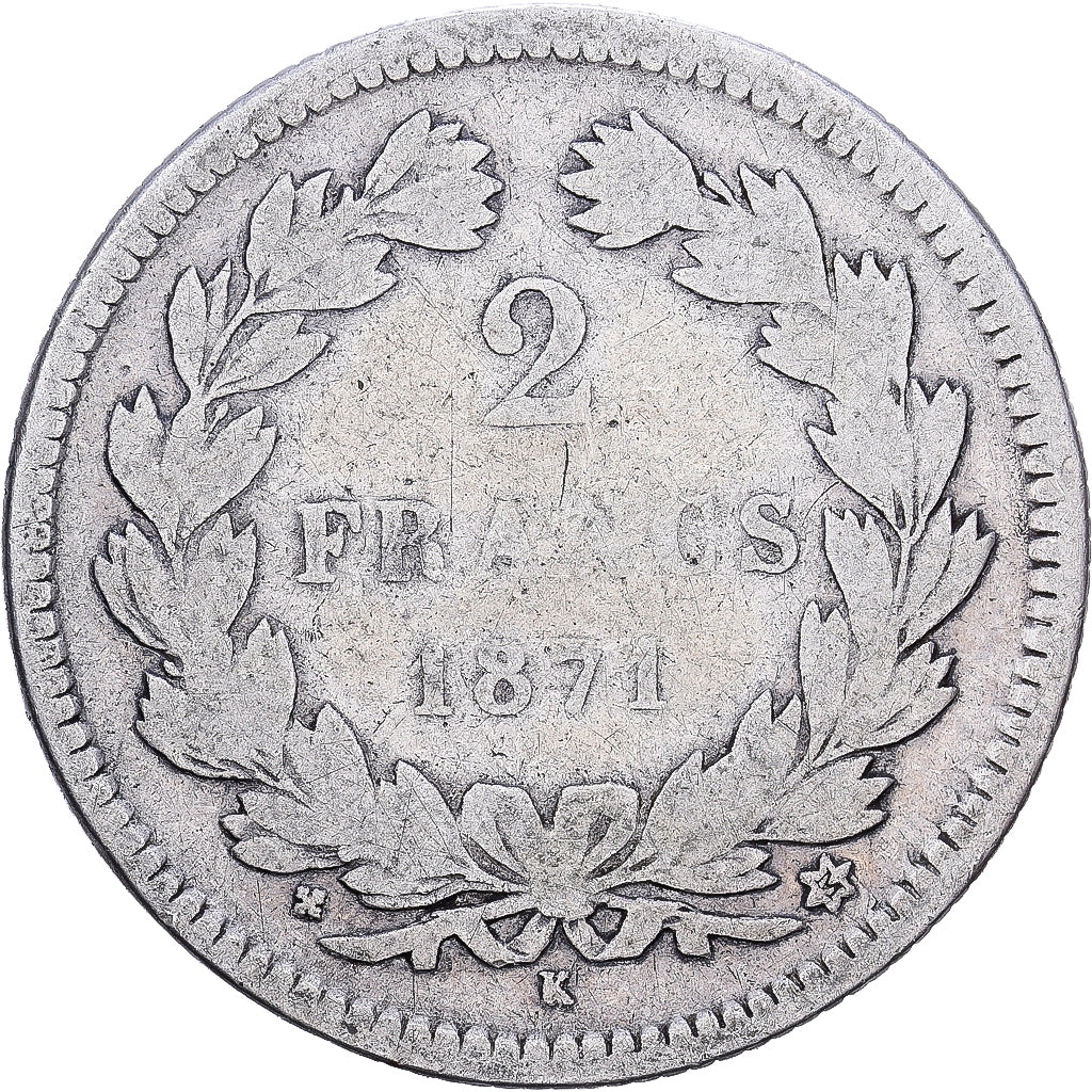 Francia, 2 Francs, 1871, Bordeaux, Plata, BC
