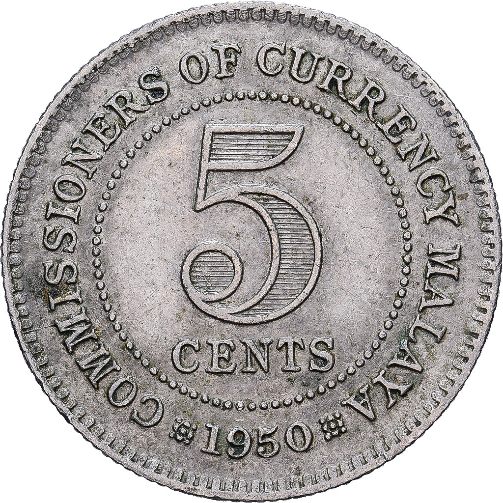 Malaya, George VI, 5 Cents, 1950, British Royal Mint, Cupronickel, S+