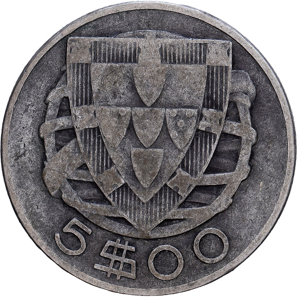 Portugal, 5 Escudos, 1933, Lisbon, Plata, BC