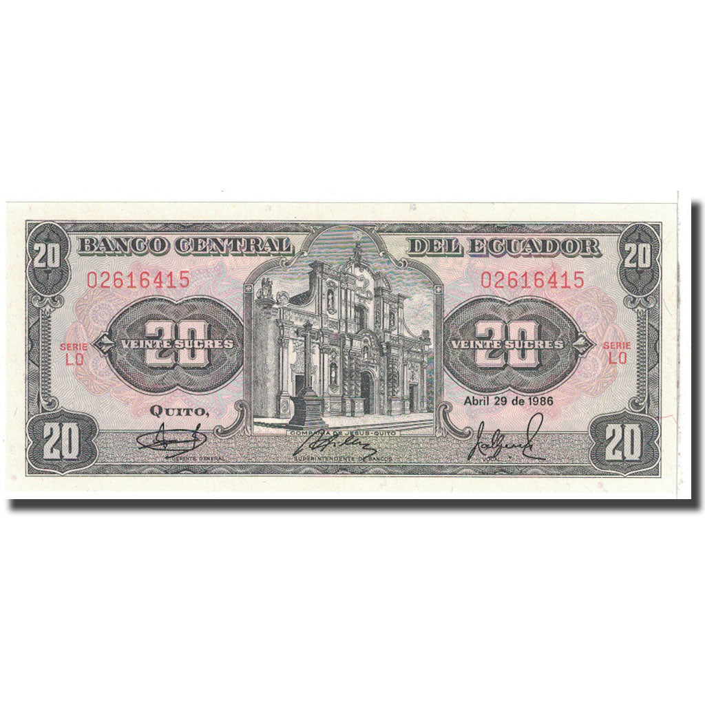 Banknote, Ecuador, 20 Sucres, 1986, 1986-04-29, KM:121Aa, UNC(65-70)
