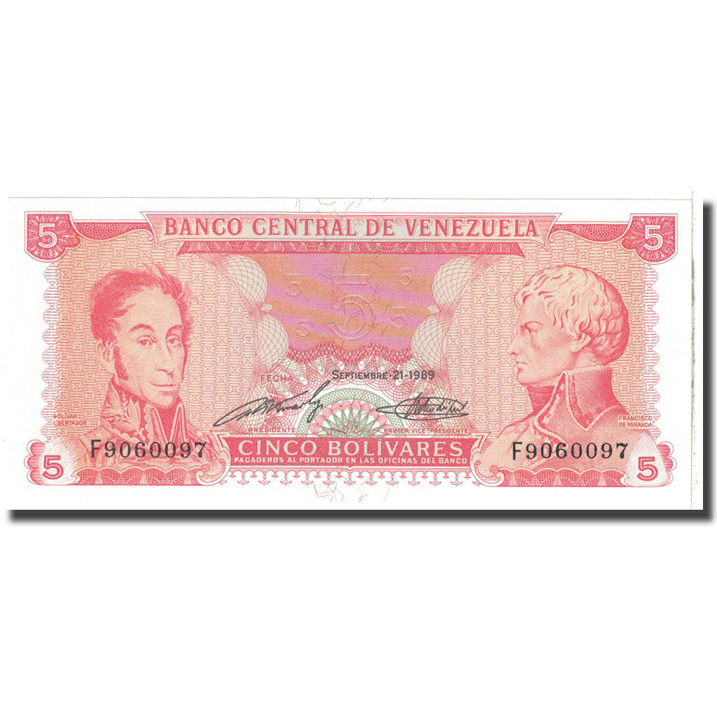 Banknote, Venezuela, 5 Bolivares, 1989, 1989-09-21, KM:70a, UNC(65-70)