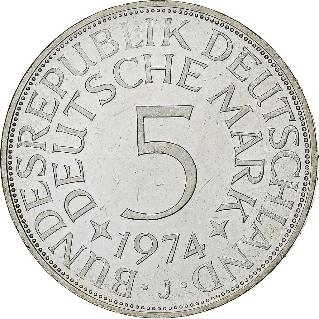 GERMANIA - REPUBBLICA FEDERALE, 5 Mark, 1974, Hamburg, Argento, SPL, KM:112.1