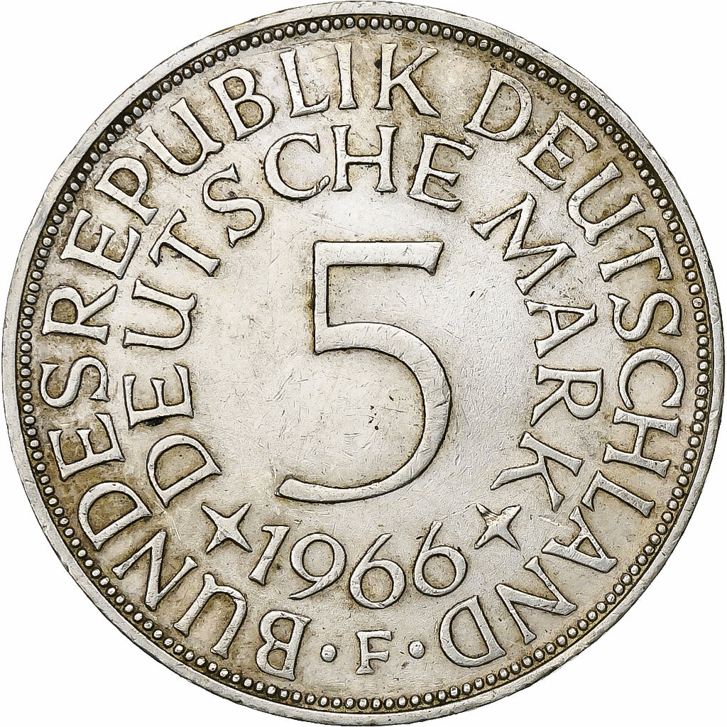 GERMANY - FEDERAL REPUBLIC, 5 Mark, 1966, Stuttgart, Silver, AU(50-53), KM:112.1