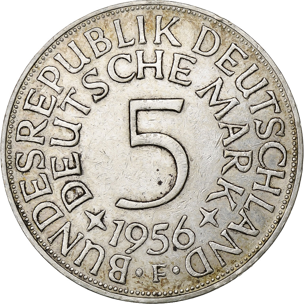 GERMANY - FEDERAL REPUBLIC, 5 Mark, 1956, Stuttgart, Silver, AU(50-53), KM:112.1