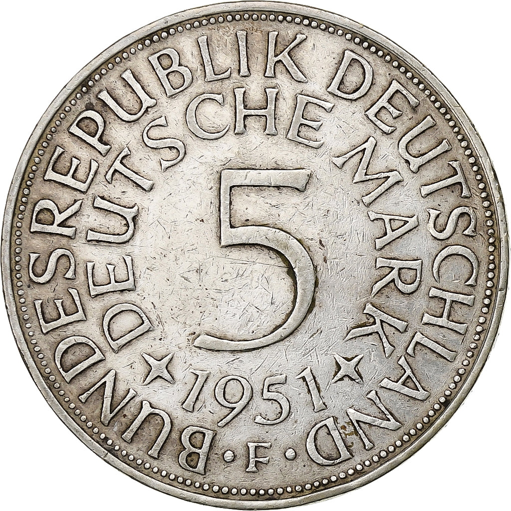 GERMANY - FEDERAL REPUBLIC, 5 Mark, 1951, Stuttgart, Silver, AU(55-58), KM:112.1