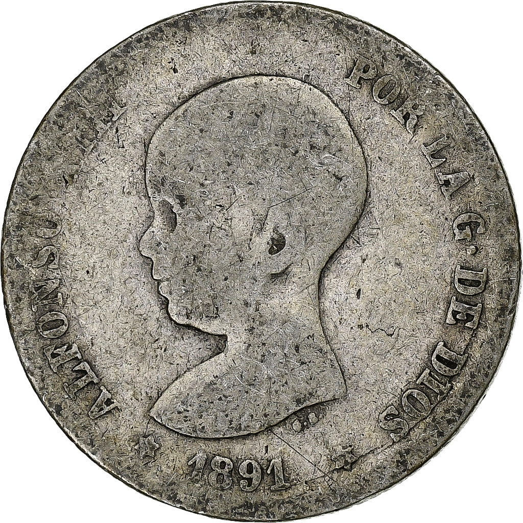 España, Alfonso XIII, Peseta, 1891, Madrid, Plata, BC, KM:691