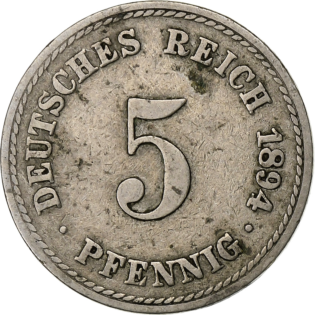 NIEMCY - IMPERIUM, Wilhelm I, 5 Pfennig, 1894, Berlin, Miedź-Nikiel, EF(40-45)