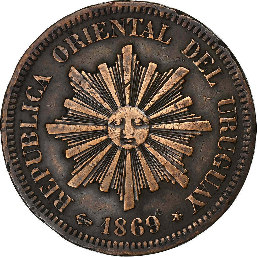 Uruguay, 2 Centesimos, 1869, Uruguay Mint, Bronze, EF(40-45), KM:12