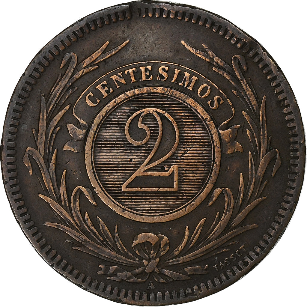 Uruguay, 2 Centesimos, 1869, Uruguay Mint, Bronze, EF(40-45), KM:12